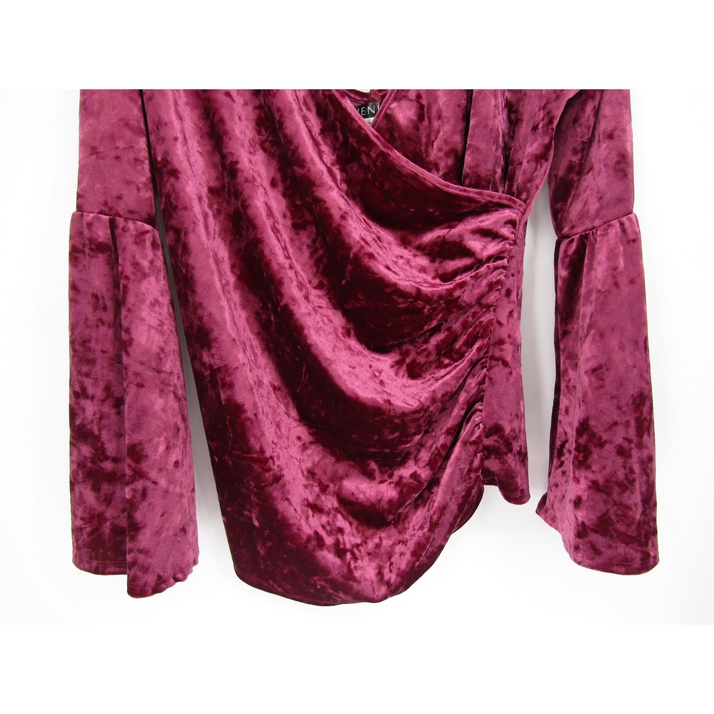 Venus Velvet Top Large Burgundy Crushed Bell Sleeve Surplice Ruched Wrap Festive - Picture 6 of 12